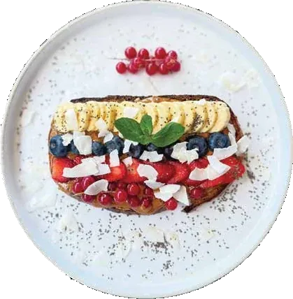 Berry and yoghurt toast on a speckled plate