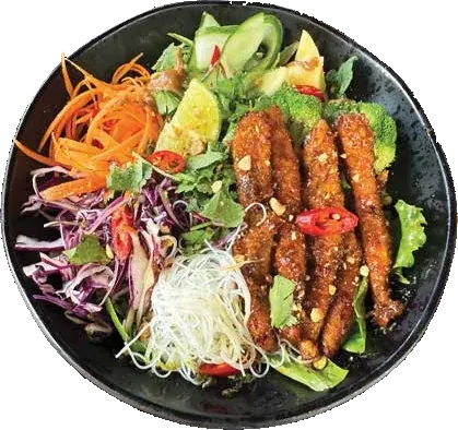 Teriyaki chicken poke bowl with pickled cabbage
