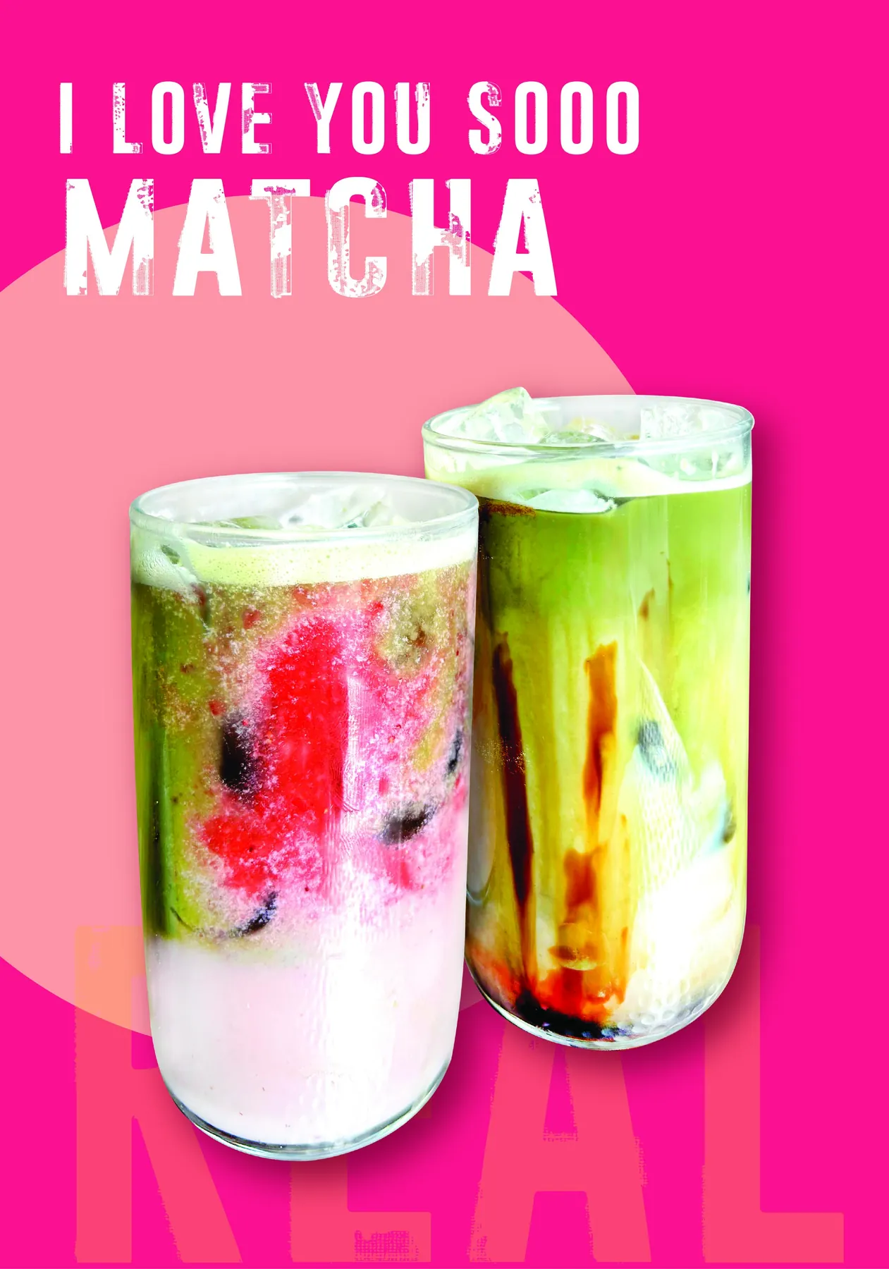 Bright pink Matcha special graphic featuring two iced matcha drinks